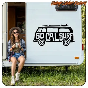 Black SOCAL SURF vinyl applied to the side of a caravan