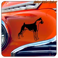 Perro bóxer adhesivo sobre la carrocería naranja de un coche clásico