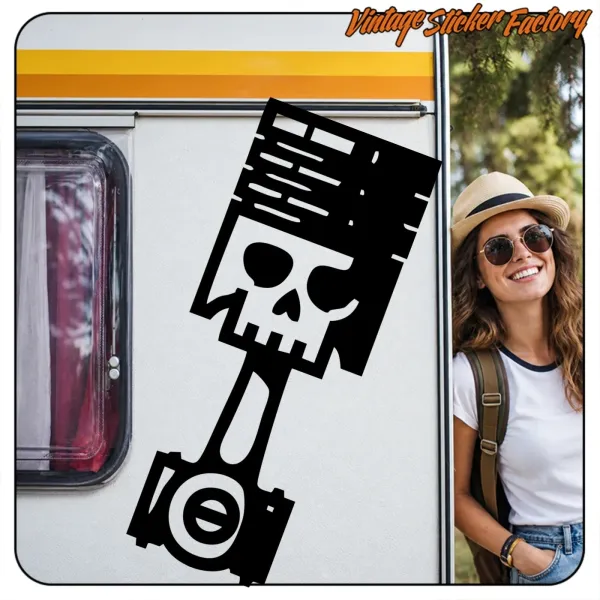 Close-up of piston vinyl with skull applied to a caravan