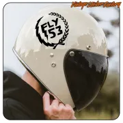 Black FLY53 sticker applied to a white motorcycle helmet