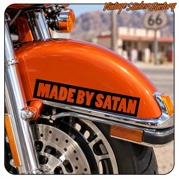 “MADE BY SATAN” text applied to the orange tank of a motorcycle
