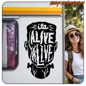 “It's Alive” design applied to the white door of a caravan