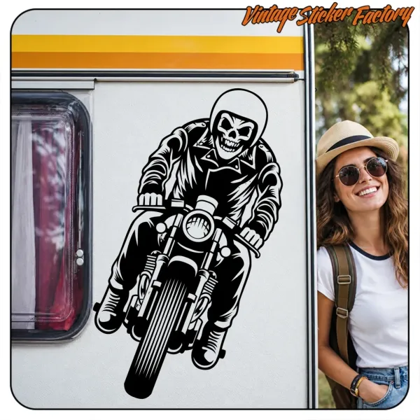 Alternative view of the tilted biker skull applied to a caravan