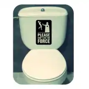 Pegatina «PLEASE DON'T USE THE FORCE» aplicada en la cisterna de un inodoro