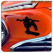 Black skater silhouette on skateboard applied to the bodywork of a classic car
