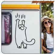 Simon’s Cat sticker with stretched cat, applied to the side of a caravan