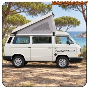 White camper van with CARAVELLE text on the side
