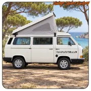 Weißer Campervan mit CARAVELLE Text an der Seite