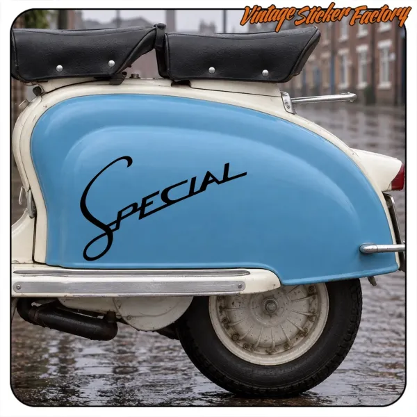 Black SPECIAL sticker applied to the blue side panel of a classic scooter