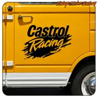 Motif Castrol Racing noir appliqué sur la porte jaune d’une fourgonnette, vue latérale