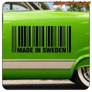 Black «MADE IN SWEDEN» sticker with barcode, applied to the door of a green car
