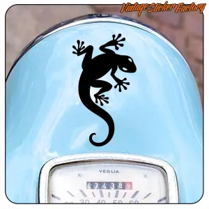 Black gecko applied to the blue front of a motorcycle