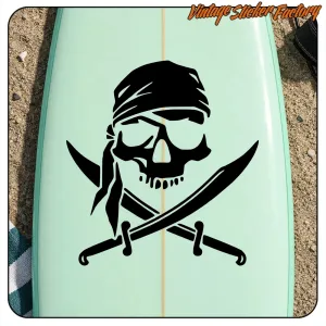Skull with bandana and crossed sabres applied to a light green board