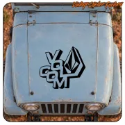 Black VOLCOM logo applied to the bonnet of a classic blue vehicle