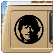 Circular black-and-white portrait applied to the side of a camper van
