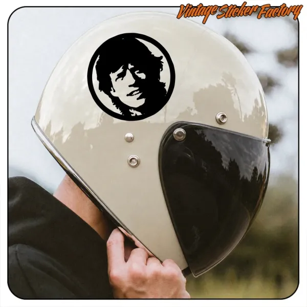 Circular black-and-white portrait applied to a white motorcycle helmet