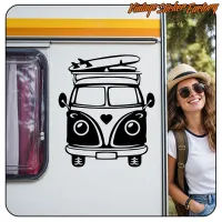 Classic camper van design with surfboards, applied to a motorhome