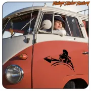 Spartan with spear in black adhesive applied to the side of a classic van