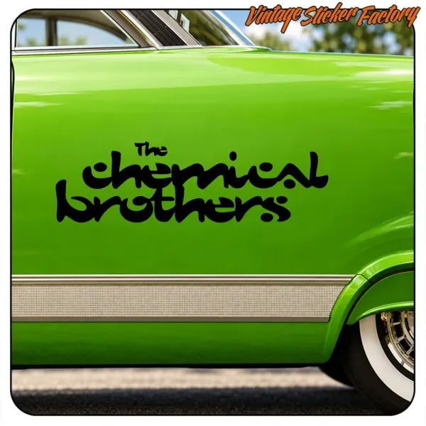 Black «The Chemical Brothers» text applied to the side of a green vehicle