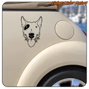 Black and white Bull Terrier applied next to a vehicle wheel