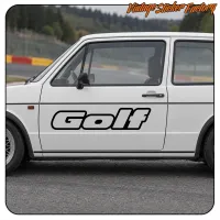 Side view of a white Volkswagen Golf with the Golf logo on the door