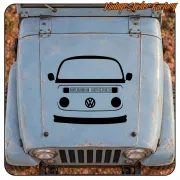 T2-Frontaufkleber auf der Motorhaube eines blauen Campervans