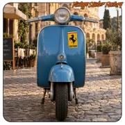 Autocollant multicolore avec cheval cabré et texte Ferrari appliqué sur le tablier avant d’un scooter bleu