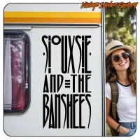 Siouxsie and the Banshees typographic design applied to a caravan beside a person