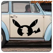 Black Pikachu silhouette applied to the door of a classic blue and cream vehicle