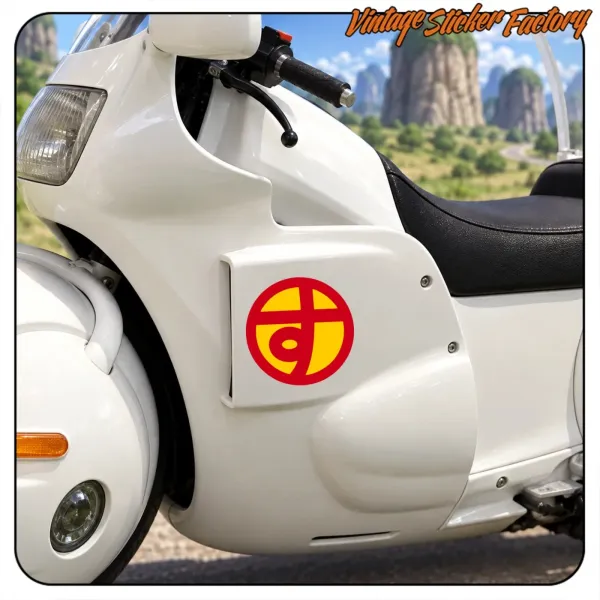 Diseño circular rojo y amarillo aplicado en el lateral de una motocicleta