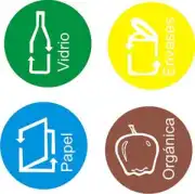 Cuatro símbolos circulares de reciclaje en verde, amarillo, azul y marrón, con textos identificativos