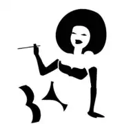 Black silhouette of a pin-up-style woman with afro hair, holding a rod and standing beside geometric shapes