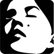 Black die-cut design with a stylised female face, viewed from the front