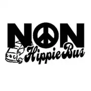 Design « NON Hippie Bus » avec symbole de paix, lettres décoratives et dessin d’un van