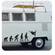 Diseño negro de evolución humana con figura saltando aplicado en el lateral de una caravana