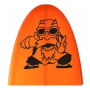 Black character design with glasses and moustache applied to an orange surface