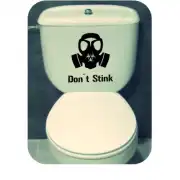 Gas mask adhesive with «Don't Stink» text applied to a toilet cistern