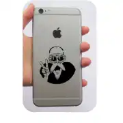 Sticker of the bearded character applied to the back of a mobile phone