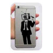 TV-Head-Aufkleber auf der Rückseite eines Mobiltelefons