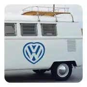 VW symbol inside a blue heart applied to a classic camper van
