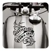 «FOREVER FLYING FREE» sticker applied to a motorcycle fuel tank
