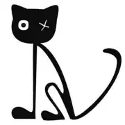 Gato negro estilizado sentado, con un ojo visible y una marca en forma de X en el otro