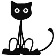 Gato negro estilizado con ojos redondos blancos, patas alargadas y cola curvada