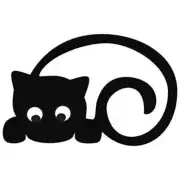 Silueta negra de un gato tumbado, con ojos claros y cola curvada sobre fondo blanco