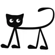 Stylised black cat design with white eyes, elongated legs and a curved tail