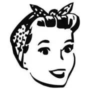 Schwarzes Retro-Pin-up-Design: weibliches Gesicht mit Pony und geknotetem Kopftuch