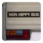 Black “NON HIPPY BUS” sticker placed on the rear of a motorhome