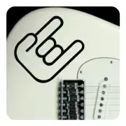 Pegatina con gesto de cuernos aplicada junto a las pastillas de una guitarra eléctrica