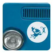 Silhouette of a witch and winged creature in a white circle on a blue surface