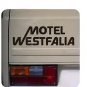 “MOTEL WESTFALIA” sticker applied to the rear of a Volkswagen T3 van.